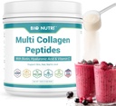BIO NUTRI kolagen peptides v prahu večvrstni (I, II, III, V, X) z biotin & hialuronsko kislino za lase, kožo, nohte in sklepe, brez arome, 16oz