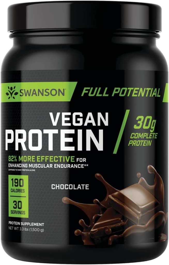 Swanson Full Potencial Vegan Protein - Chocolate Flavor, Cel Vegan Protein Powder za izgradnjo mišic in okrevanje - 30 g