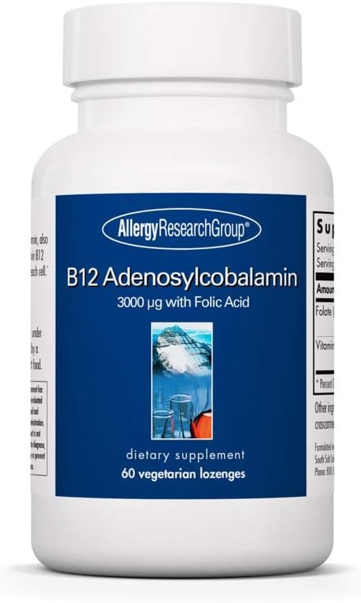 Alergija Raziskovalna skupina B12 Adenosylkobalamin Dodatek - s folno kislino, Vitamin B12 3000 μg, Folat, Pure B12, Vegetarian Lozenges - 60 Count