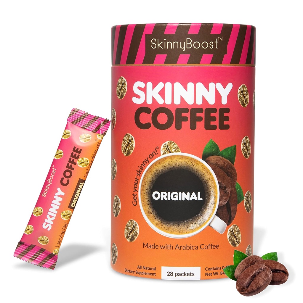 Skinny Boost Instant Skinny Coffee palice (nearomano) - Izdelano z Arabia Coffee fižol, Garcinia Cambogia, izvleček zelenega čaja, B Vitamini, Fiber in Prebiotiki – Sugar Free-Keto prijazno (28 Packets)