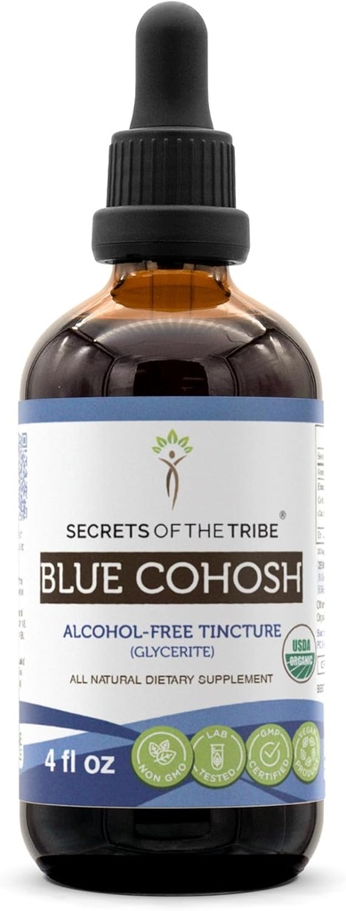 Skrivnosti Tribe Blue Cohosh Alkohol-free Tinkture (Glicerit) 659 mg Odgovorno obdelani USDA Organic Blue Cohosh (Caulophyllum Thalictroides) Suhi koren (4 Fl Oz) Ženski zdravstveni dodatek