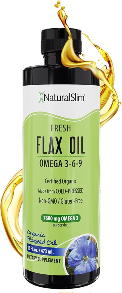NaturalSlim Laneno olje Tekoči sveži okus Laneno olje Organsko hladno in visoko v Omega 3 6 9 Maščobne kisline Laneno seme dodatek za zdrave celice, lase, kožo, in nohte - Svež okus 16 fl. Oz.