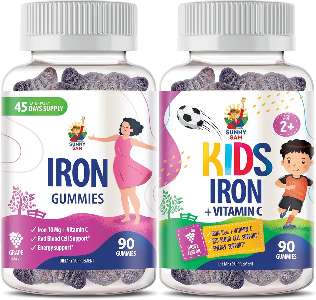 SUNNY SAM Iron Gummies za otroke in odrasle - železovi vitamini z vitaminom C, 10mg na serviranje - Železo žvečljivo sadje Gummi za Imunsko podporo proizvodnje rdečih krvnih celic