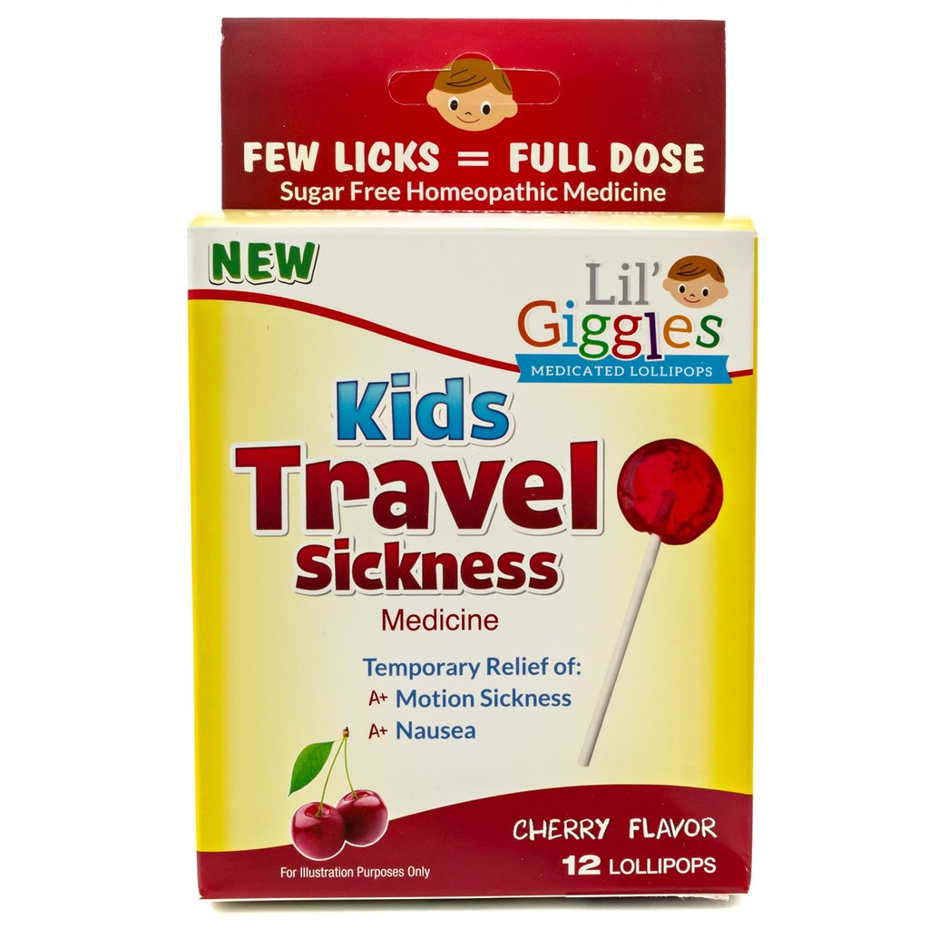Lil' Giggles Otroci Medicated Lollipops - Sweet Gentle Relief za otroke in ne-zabava - za bolezni avtomobilov, potovalna slabost in mobilnost Relief - homeopatska Remedy Otroška ljubezen - Cherry Flavor 12 CT