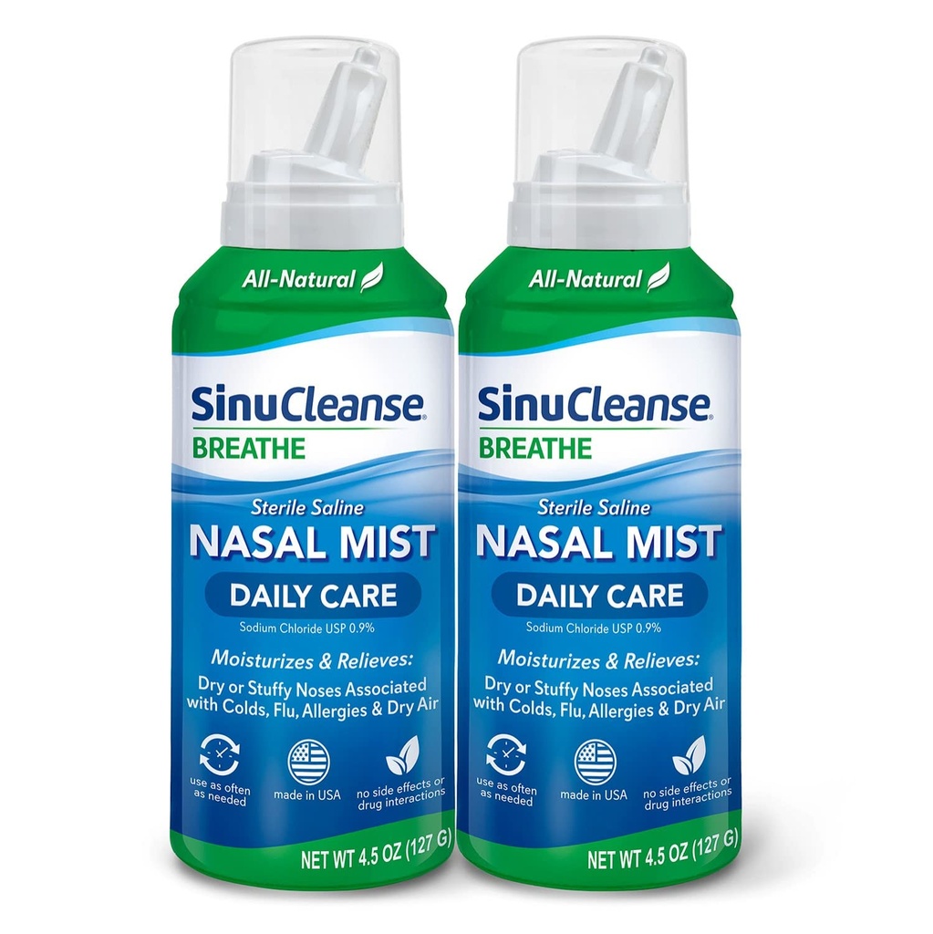 SinuCleanse Daily Care Sterile Saline Nasal Spray, Ultra Fine Mist, Takoj vlaži in sprosti vsak dan Nasal Congestion zaradi prehladov in suhega zraka, 4,5 Oz (2 Pack), Made in USA