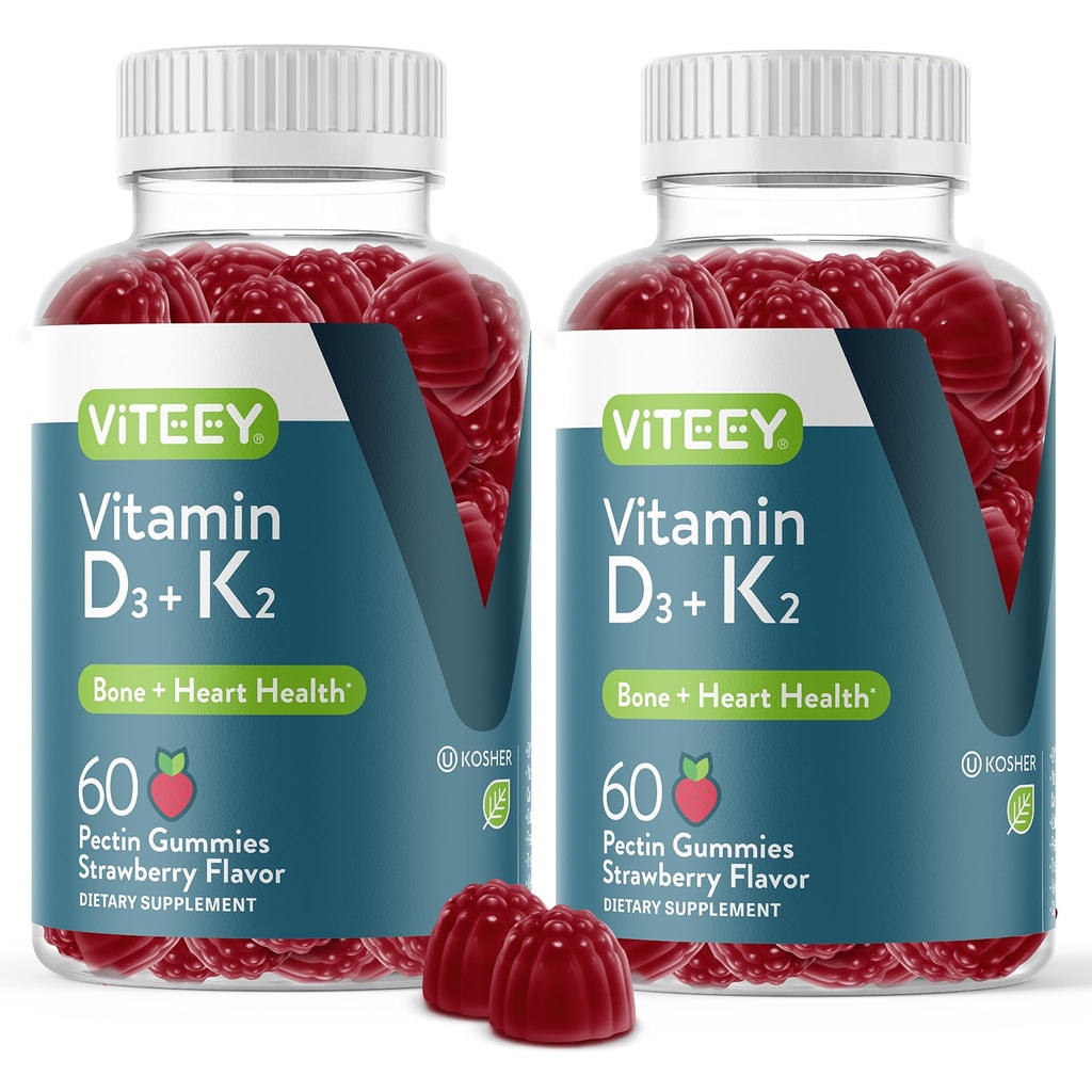 VITEEY Vitamin D3 K2 Gummies - 1000 i.e. vitamina D3 in K2 100mcg - Zdravje kosti in srca za odrasle in najstnike - vegetarijanec, želatina brez GSO - Okusni žvečljivi D3K2 vitamini jagode z okusom gummy