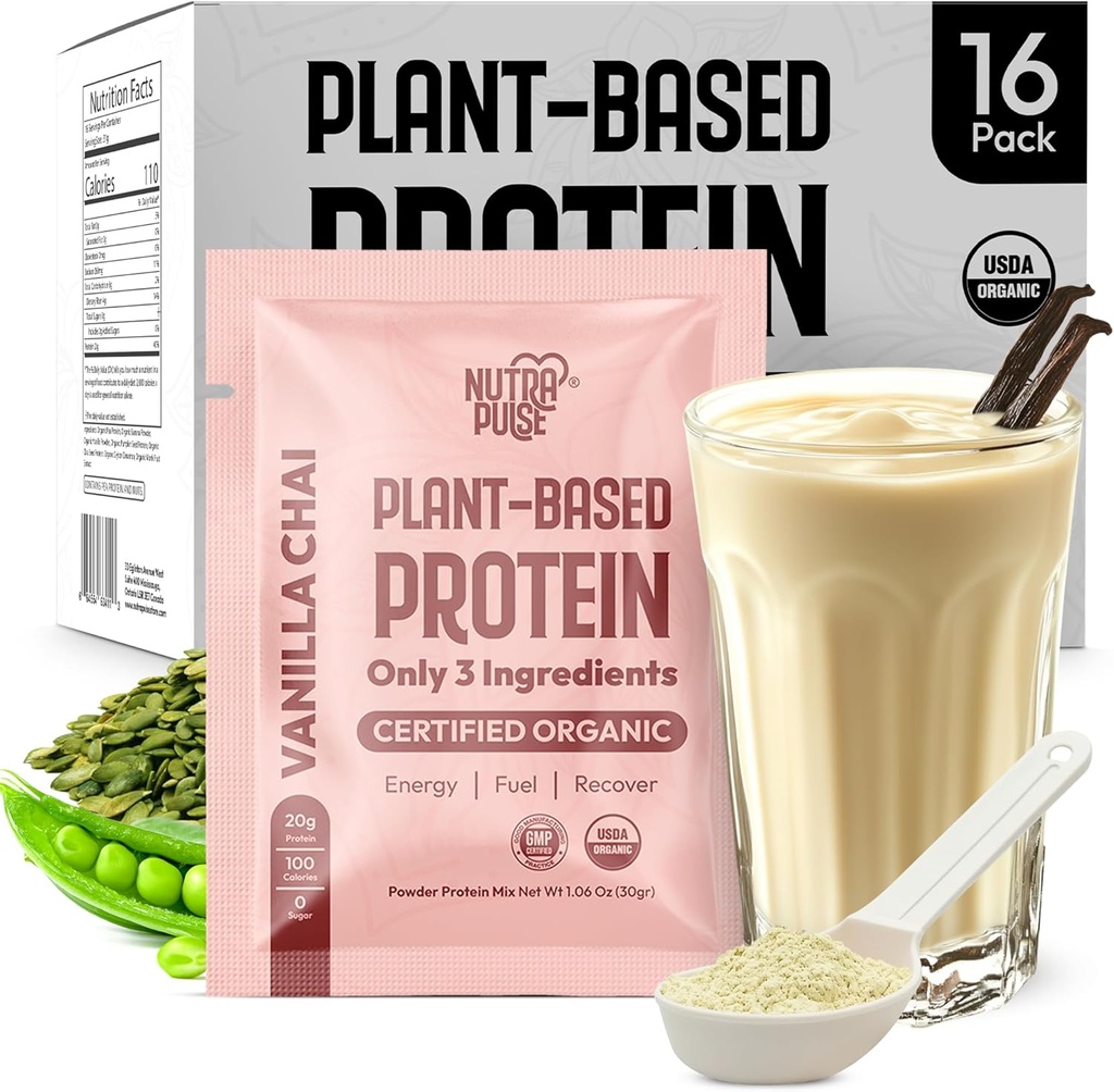 Vanilija Chai Vegan Protein Powder Pack – 20g Ekološka rastlinsko-bazna beljakovina – NutraPulse – Gluten-free, Soy-free, Non-GMO – Čisto in enostavno za shranjevanje – Smoothie prijazno – 16 Samskih servingov