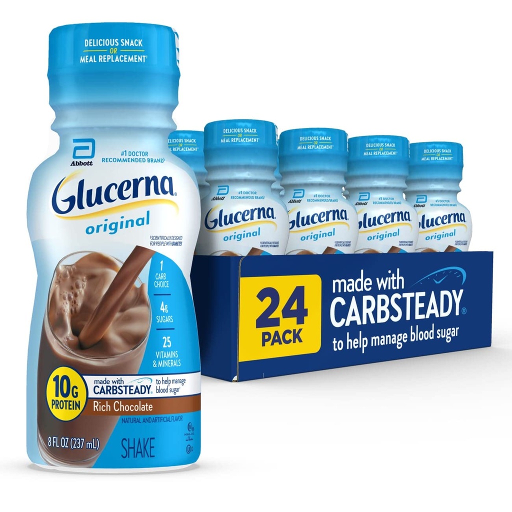 Glucerna Original Diabetes Care Shake, Bogata čokolada, Diabetični obrok Nadomestek za podporo upravljanja sladkorja v krvi, 10g beljakovin, 180 kalorij, Pripravljen za pitje, 8-fl-oz steklenica, 24 pakiranje