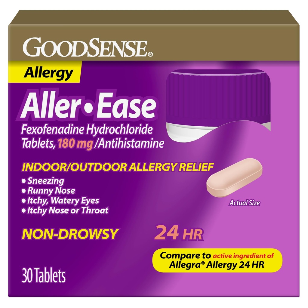 GoodSense Aller-Ease - Fexofenadin Hidroklorid 180 mg tablete - 24-urna alergija Medicina za notranji in zunanji relief, 30 število
