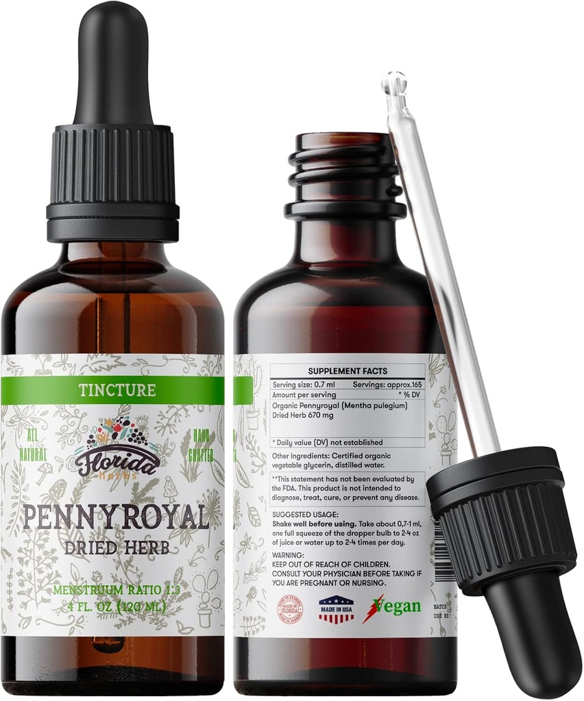 Pennyroyal Tincture, organski Pennyroyal Extract (Mentha pulegium), posušen zelišče, ne-GMO v hladno pripravljeni organski zelenjavni glicerol 2 oz, 670 mg