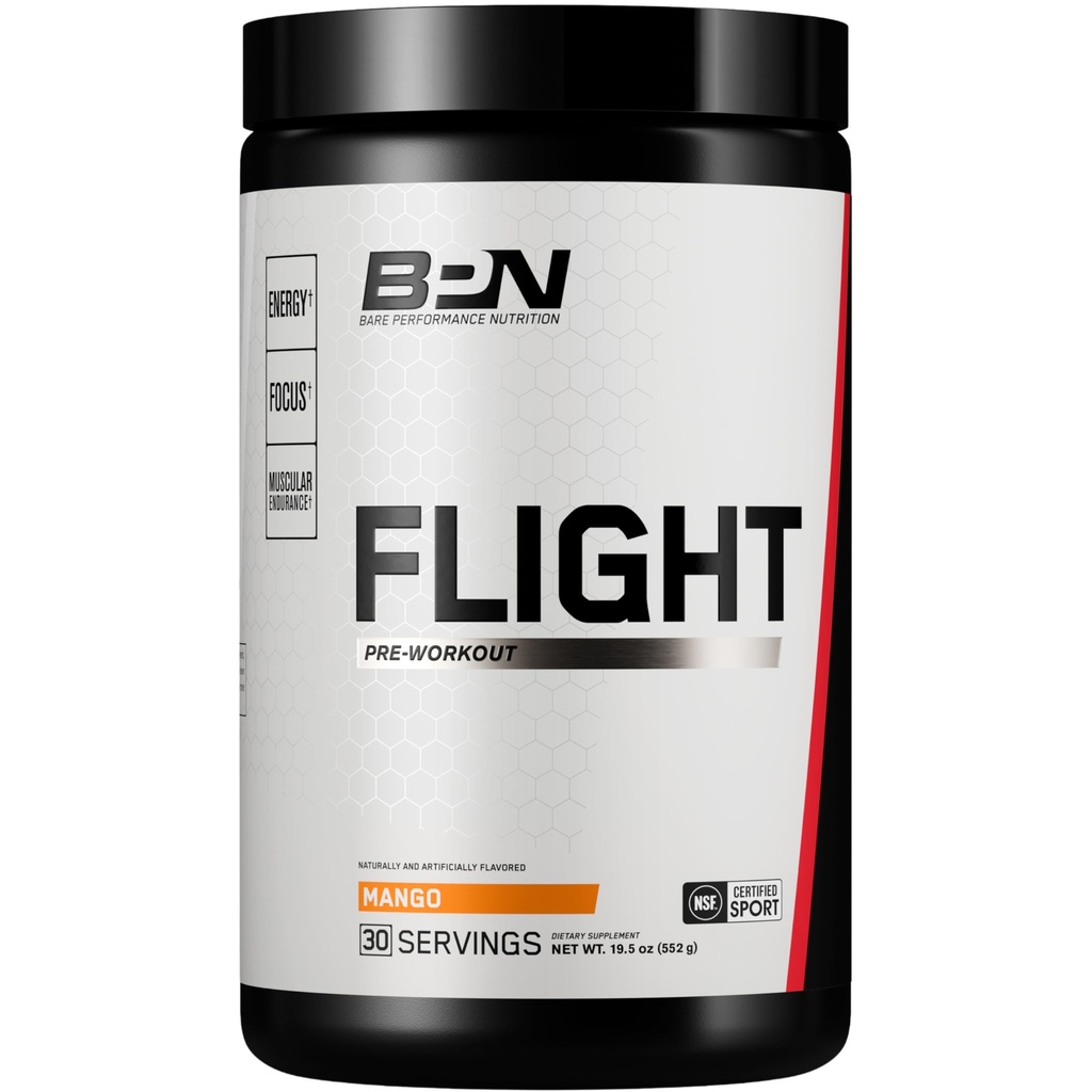 BARE ZMOGLJIVOST HRANILNA BPN Flight Pre Workout, podpira energijo in miselno fokus, izboljšano vzdržljivost in mišične črpalke s CarnoSyn® Beta Alanine, Mango, 30 Serving