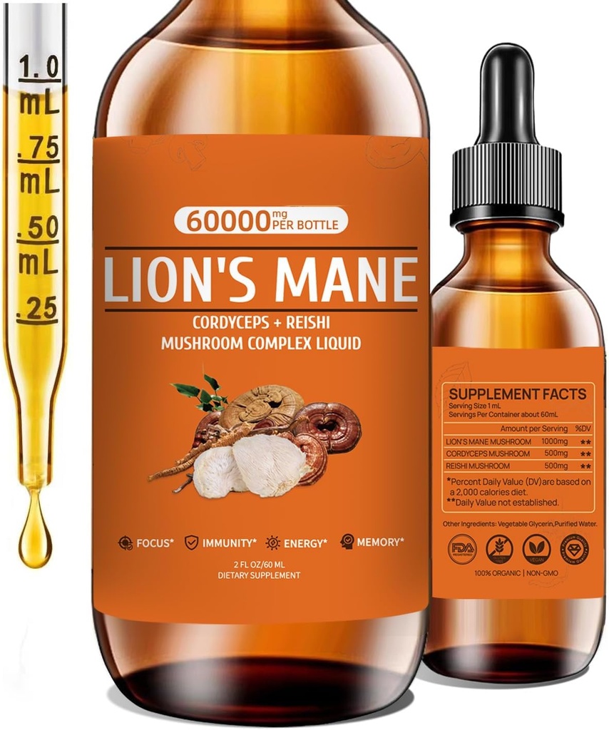 Levi Mane Gobe dodatek za spomin, Fokus & Clarity, Gobe dodatek z levji griva, Cordyceps, Reishi za naravno imuno podporo, Non-GMO, Vegan, Do 2 mesecev dobave