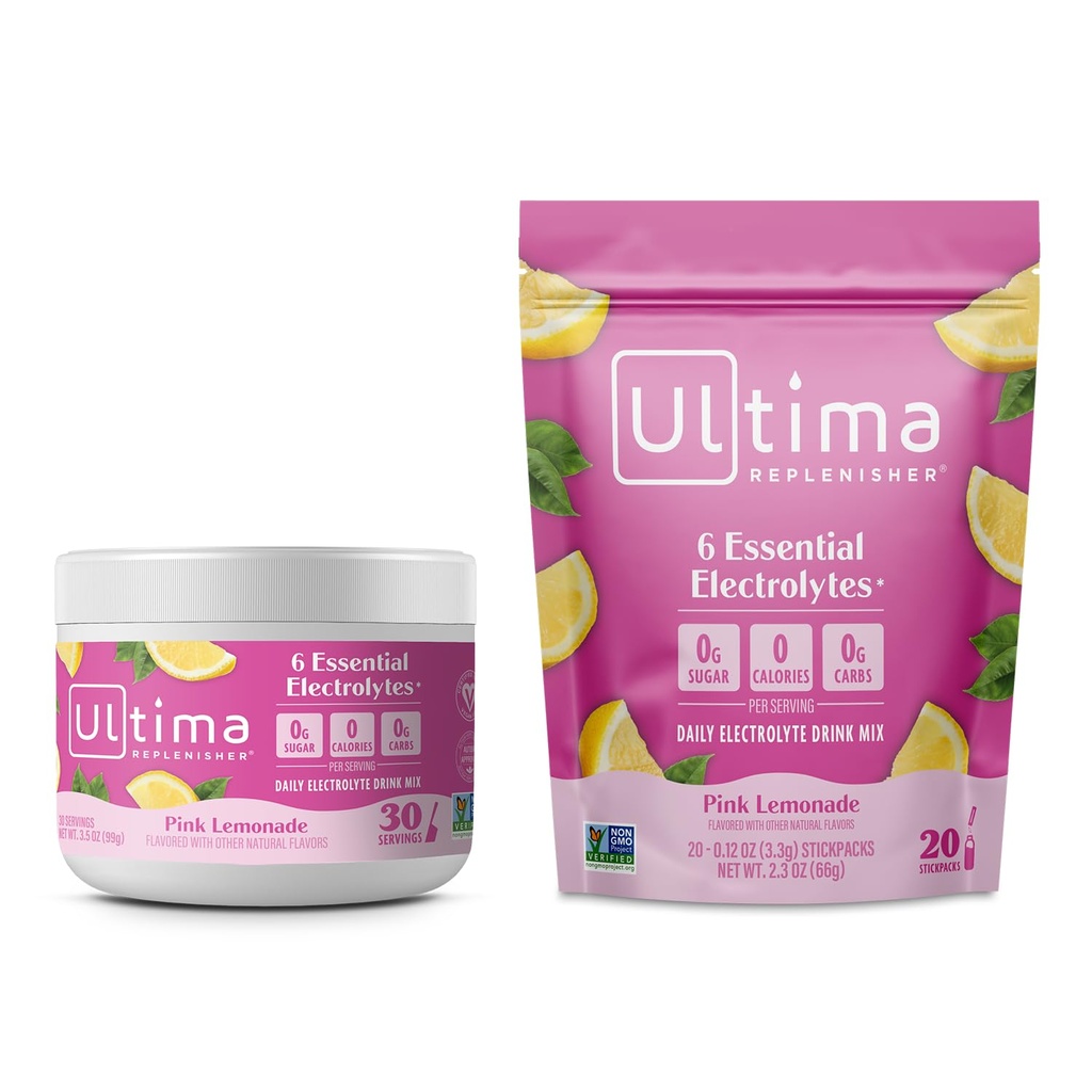 Ultima Replenisher Electrolyte Powder Drink Mix Bundle – Sugar Free – Roza limonada, 30 Serving Canister in 20 Stickpacks – 6 Elektroliti in minerali – Keto prijazno, Vegan, Non-GMO