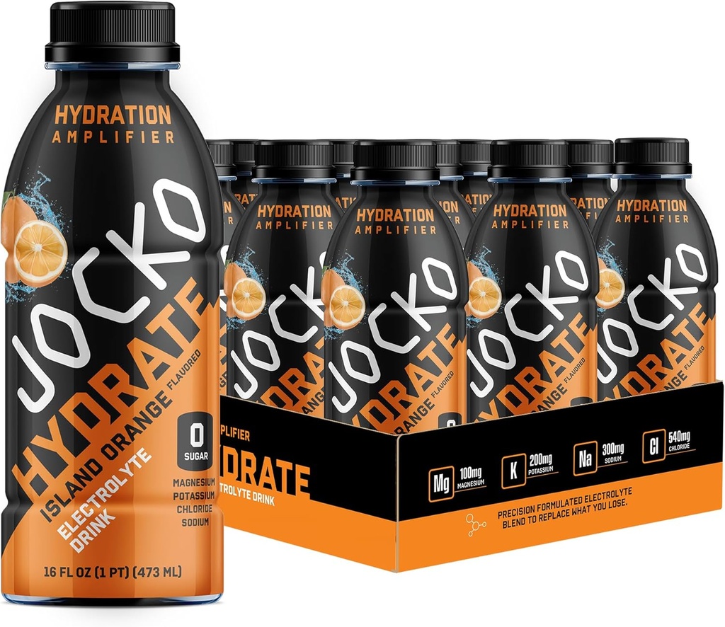 Jocko Fuel Hydrate Elektrolitski napitki - Športni napitek Hidracijski ojačevalec, Thirst Quencher - Znanstveno oblikovan Electrolyte Blend Island Orange Flavor 16 Oz (12 Pack)