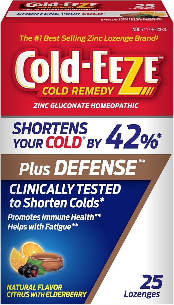 Cold-Eeze Plus Defense Natural Citrus z bezgovim cinkom Lozenges, Homeopatic Cold Remedy, skrajša skupne hladne simptome, spodbuja imuno zdravje s Sambucus Nigra, Echinacea in Rose HIPS, 25 Ct