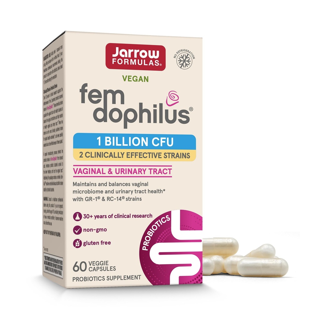 Jarrow Formulas Fem-Dophilus Vaginalni probiotiki 1 milijarda CFU z 2 znanstveno podprtimi sevi, prehranska dopolnila za Vaginalni in sečni trakt, 60 kapsul, do 60-dnevno zalogo, rok uporabnosti
