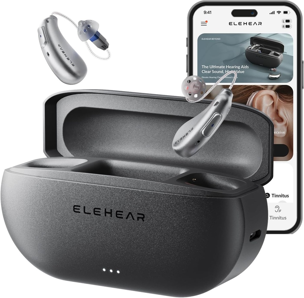 ELEHEAR-onstran OTC slušnih pripomočkov, AI Powered Goup Environment and Tinitus Masking, Superior Sound Quality, Connectivity with iOS or Android Devices by Bluetooth 5.3, for Seniers and Adults