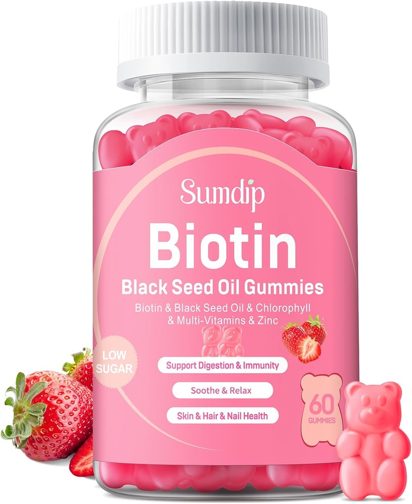 Olje črnega semena Gumies z biotin, Imunska podpora Zdravi lasje&Skin&Nails za ženske in moške, Klorofil, cink, vitamin A, B6, B12, C, D, E, Vegan dodatek - 60 Gumies