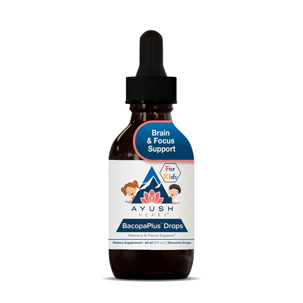 Ayush Herbs BacopaPlus kapljice za otroke - Otroški fokus in pozornost dodatek z Bacopa, Ashwagandha, Ginkgo, Podpora za možgane in spomin, organske sestavine - 2 Fl Oz (80 Serving)