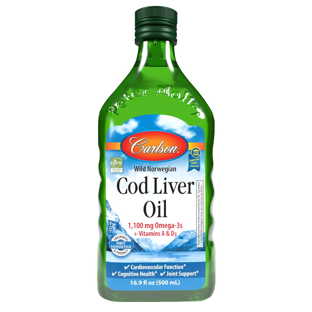 Carlson - Cod Liver Oil, 1100 mg Omega-3s, Wild-Ugrabljeno norveško arktično olje Cod-Liver, trajnostno pridobljeno nordijsko ribje olje tekoče, nearomatizirano, 500 ml (16,9 Fl Oz)