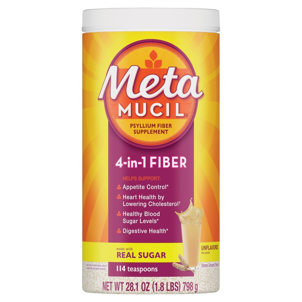 Metamucil, Psyllium Husk Powder, Unflavored Original Teksture, s sladkorjem, 114 Servings, 4-v-1 Fiber dopolnilo, Daily Psyllium Husk Fiber Powder Pomoč Podpora Prebavno zdravje s spodbujanjem rednosti*