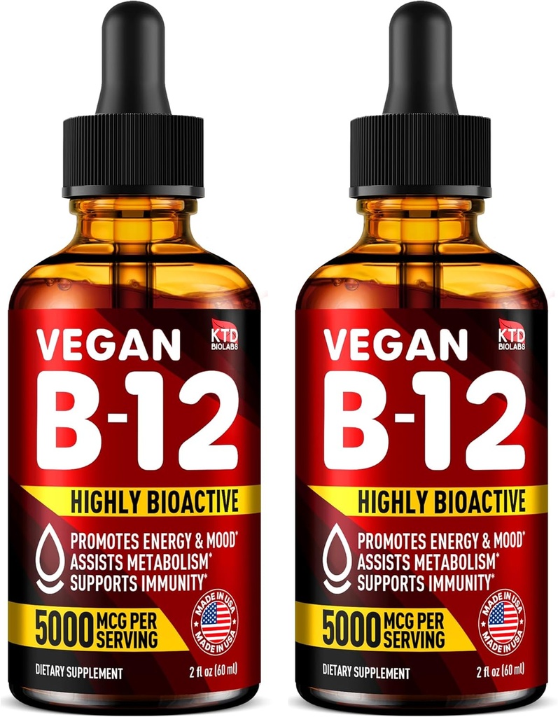 Pakiranje 2 - B12 Podjezičnih 5000 μg kapljic - Made in USA - Vegan B12 Vitamini za energijo, Mood & Memory - Visoko biološko na voljo Podjezične kapljice - Metilkobalamin za ženske in moške - 2 fl. oz.