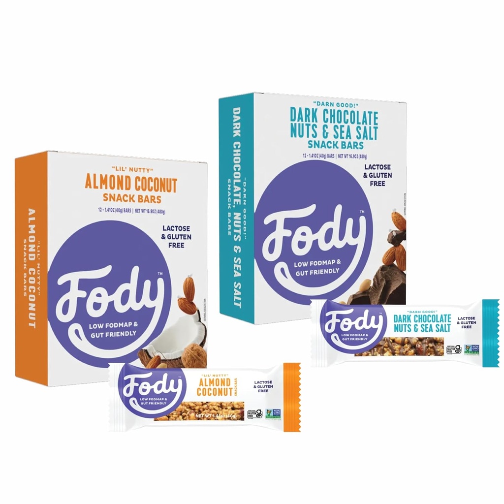 Fody Foods Prigrizki Variety Pack, 1,41 Oz (Pack of 24), Almond Coconut & Dark Chocolate Nuts & Sea Salt, Protein Bars, Low FODMAP, Gut & IBS prijazno, Vegan, Laktoza brez, Ne-GMO, Gluten Free