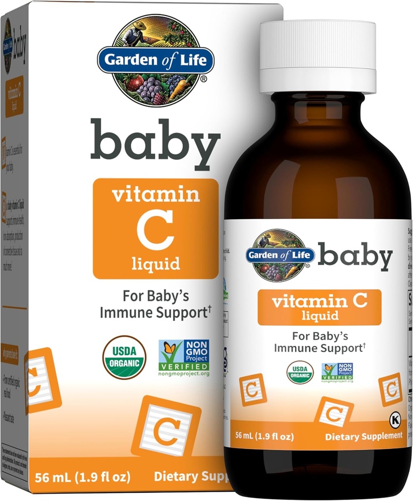 Vrt življenja Baby C Kapljice za dojenčke in malčke, Organska cela hrana Tekoči vitamin C 45mg Imunska podpora za dojenčke iz plodov Amla, Citrus Flavor, Vegan & Gluten Free, 56 ml (1,9 fl oz)