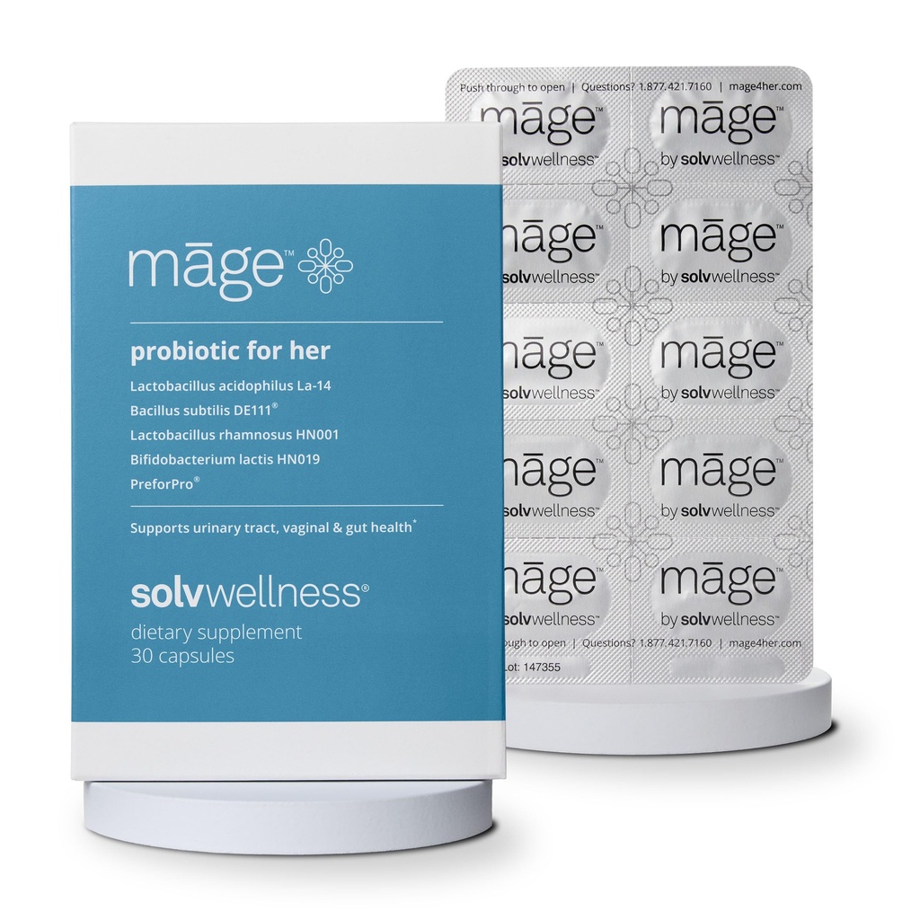 Māge by Solv Wellness Probiotic za njo, Dnevni ženski prebiotik in probiotiki Mešanica Prehranske dopolnila za prebavne, vaginalne PH ravnovesje, Sečni trakt Zdravstvena podpora, 30 kapsul
