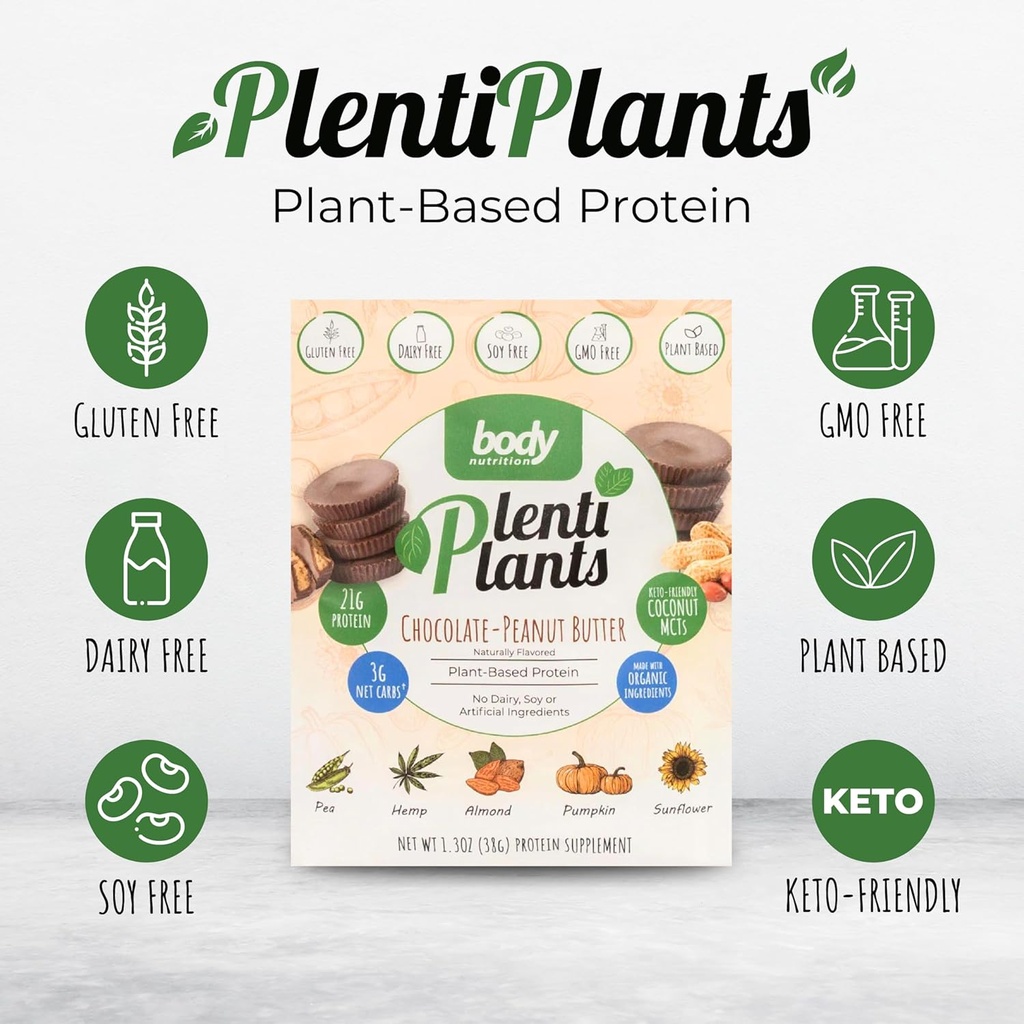 Body Nutrition PlutiPlants Rastline Based Protein Powder, Dairy-free Beljakovine brez soje ali umetnih sestavin, Seveda arome Organic Plant Protein Shake, Chocolate Peanut Butter, 38 g
