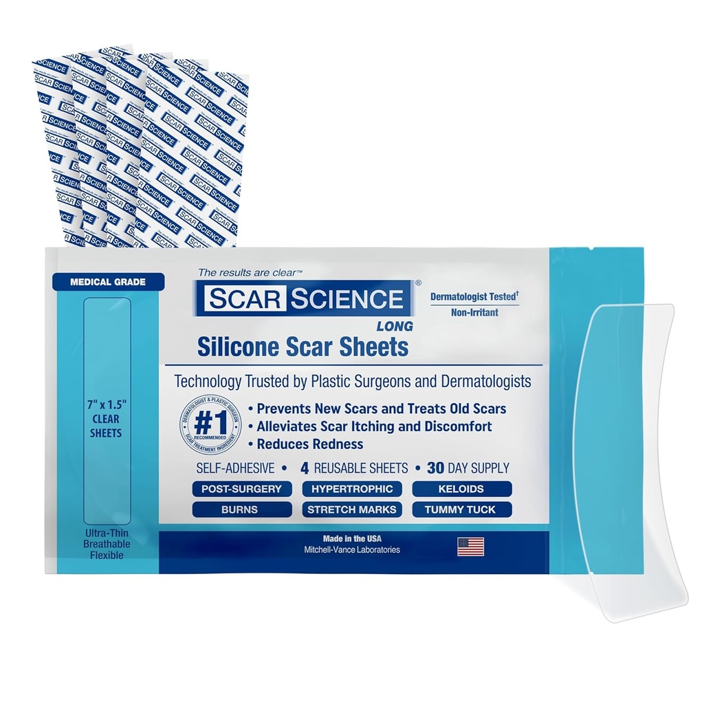 Medicinska stopnja Silikonski Scare listi - 7" Reavable vodoodporna Silikonski trak za brazgotine - čist dihalni trak za C-oddelek, Tummy Tuck, Kirurške brazgotine, in Keloidi - 4-Pack