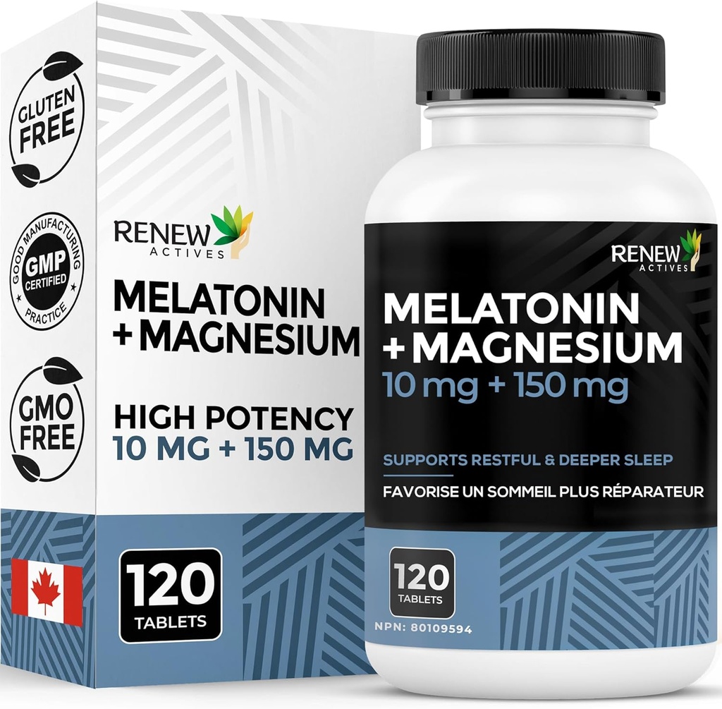 RENEW AKTIVNOSTI Melatonin 10MG z magnezijem 150MG Pomoč za spanje na strežbo – Podpira spanje nastavljeno, Jet Lag Relief, Tkivo formacijo in elektrolitsko ravnovesje za mirujoče spanje – Izdelano v Kanadi – 120 Kapsule