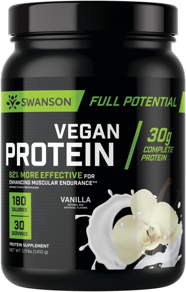 Swanson Full Potencial Vegan Protein - Vanilla Flavor, Cel Vegan Protein Powder za izgradnjo mišic in regeneracijo - 30 g