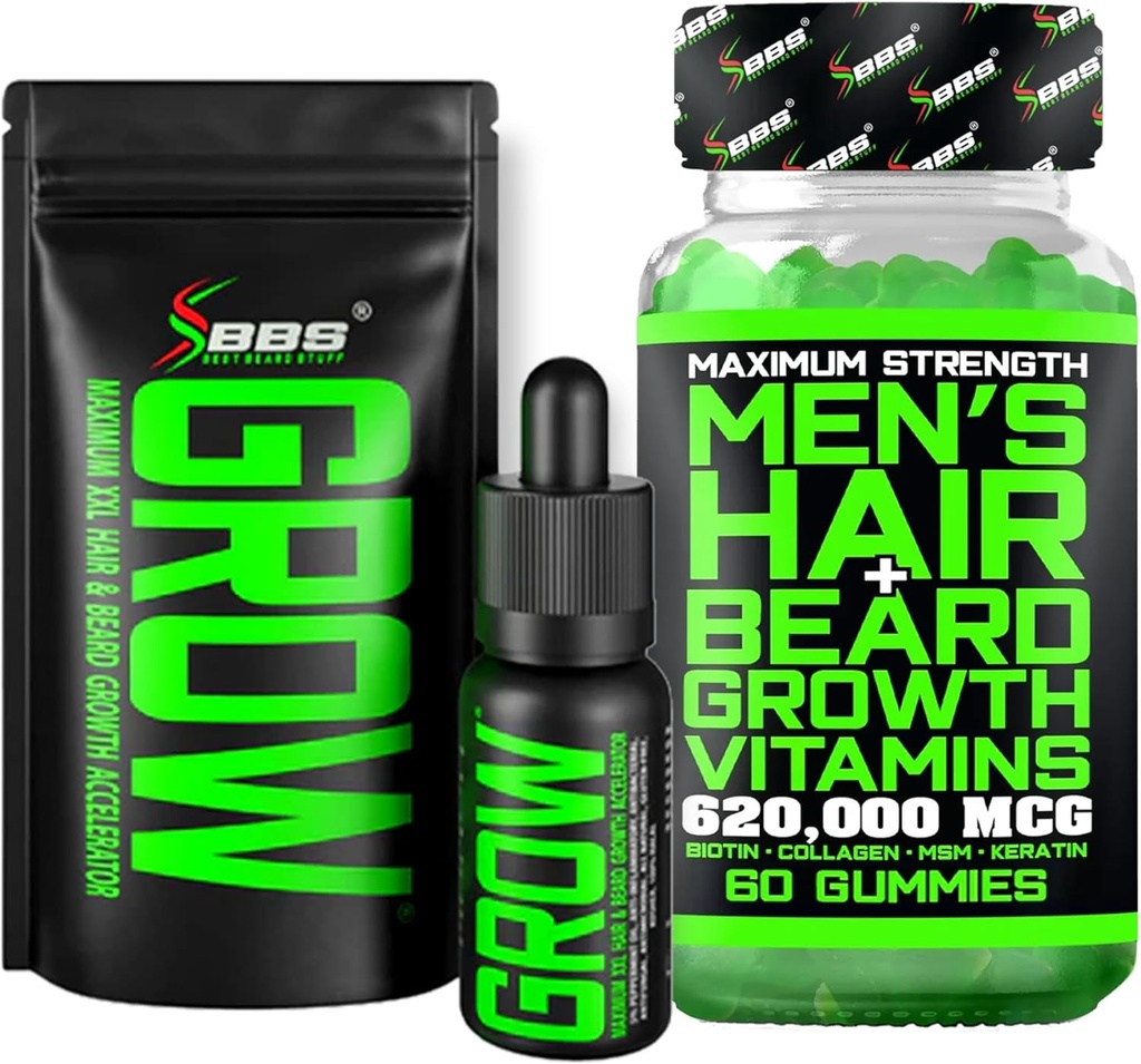 Beard rastni komplet w/Grow XXL Bradavo olje/Serum za rast las za moške + Največja moč 620.000mcg 14-v-1 BIOTIN Facial las rast vitamini za moške - Formulirana v Ameriki