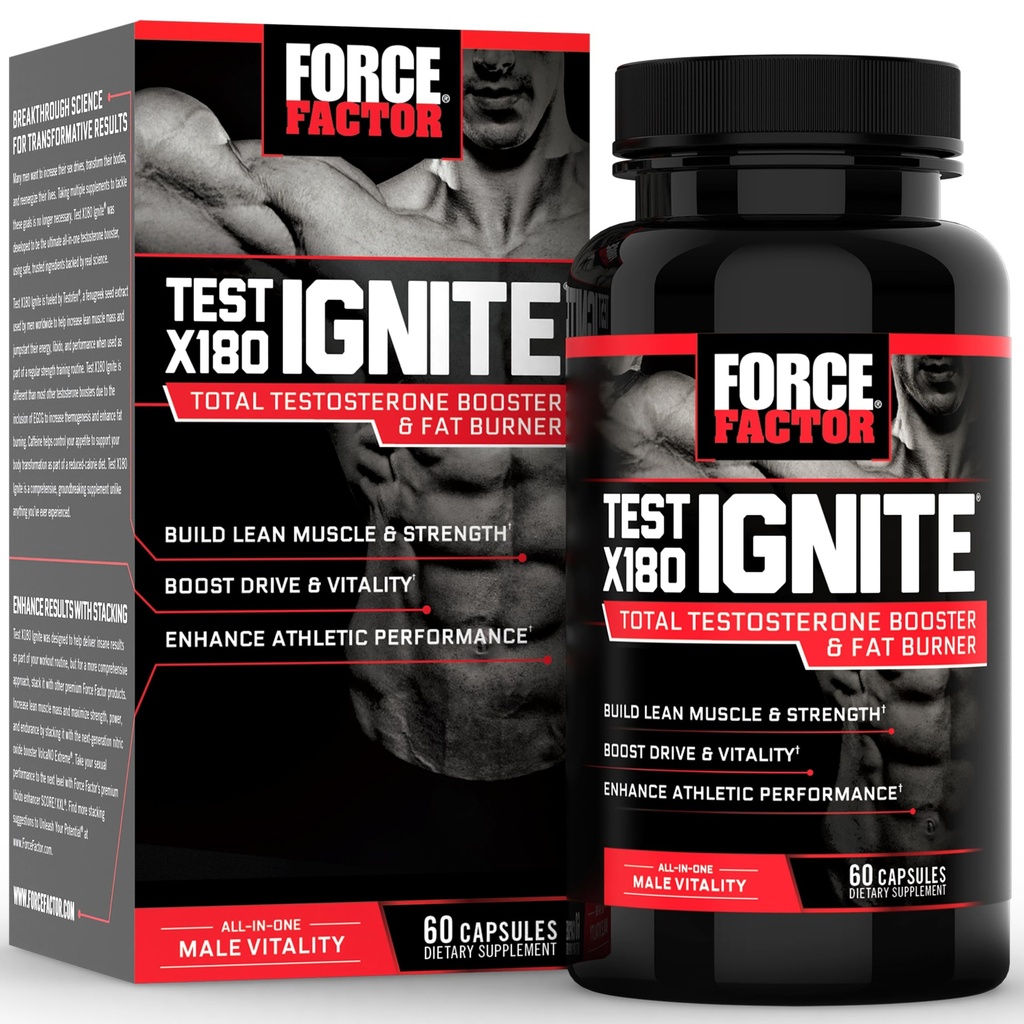 FORCE FACTOR test X180 Vžig skupni testosteron Booster za moške s Fenugreek semena in izvleček zelenega čaja za izgradnjo Lean mišice, Boost energije in izboljšanje zmogljivosti, 60 Count