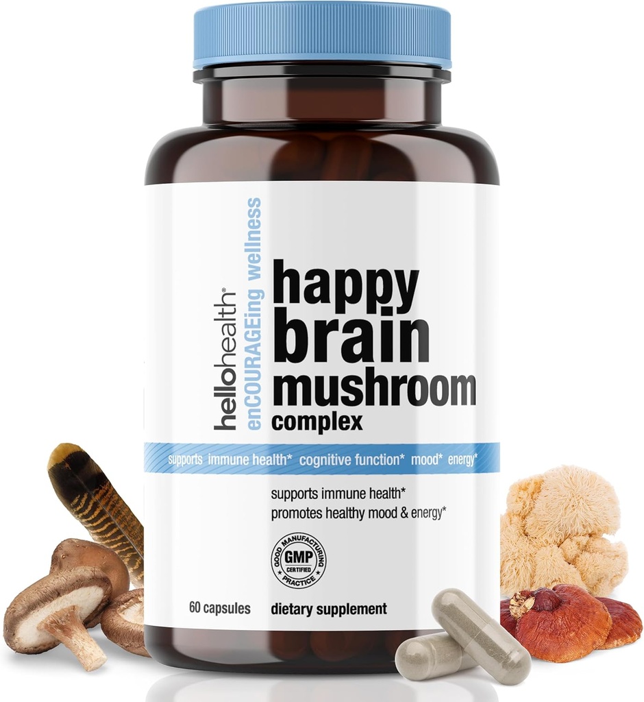 Happy Brain Gobe Complex Nootropics Brain Support Supplement, 10 Gobe Dopolnilo: Levi Mane, Turčija Tail, Red Reishi, Shiitake gobe za izboljšano jasnost, energijo, imunske podpore 60ct. 4pk