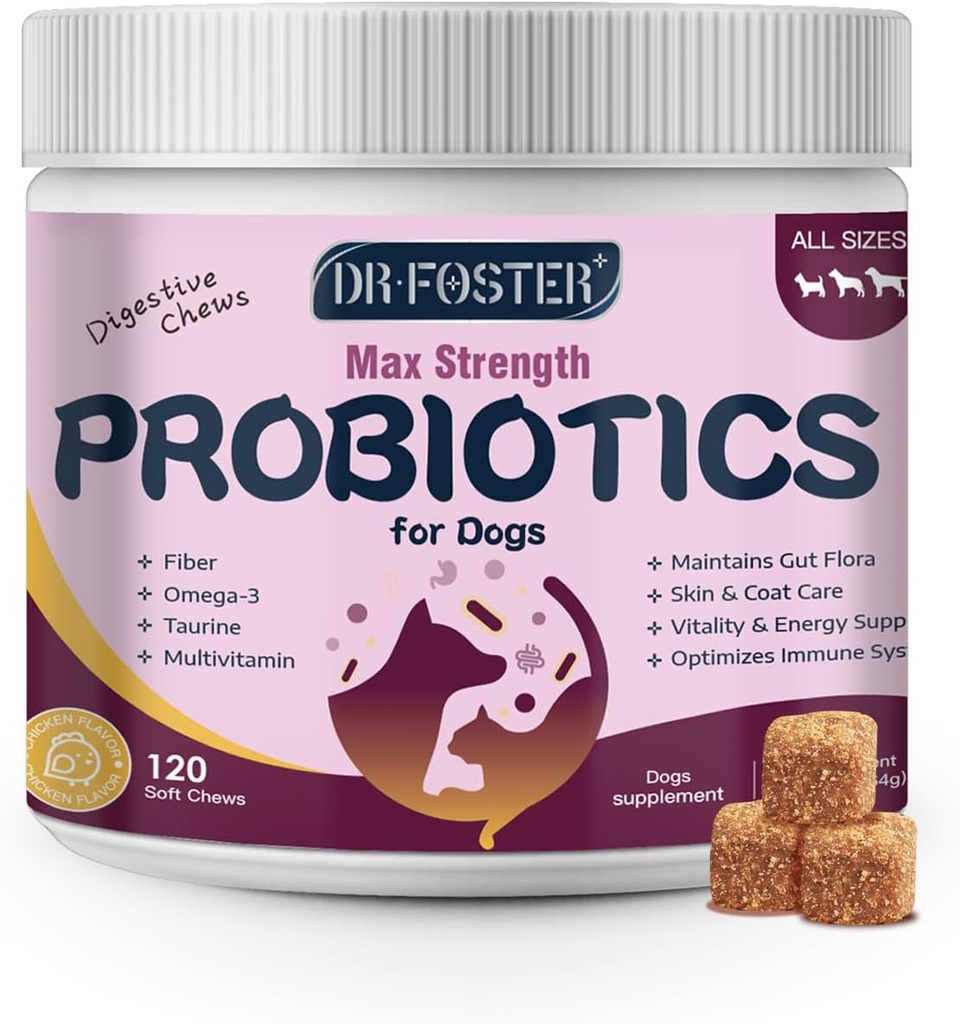 Probiotiki za pse - Probiotiki za pregestivno zdravje, prebiotiki, pregestivne encime za pse z bučo, omega-3, podporno drobovje, imuno, diareja, 120 mehkih žvečil
