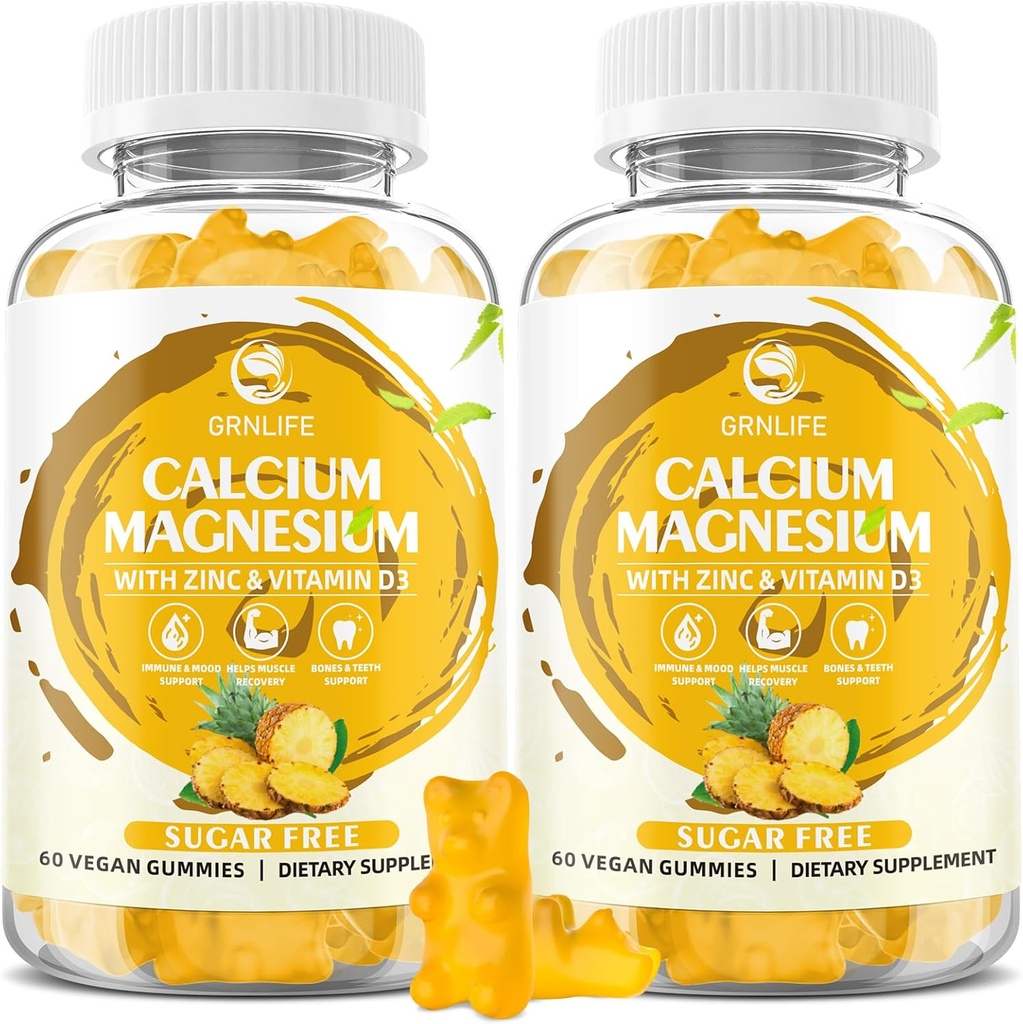 Kalcijev magnezijev cink Gumiji z vitaminom D3, brez sladkorja kalcijevi gumiji za ženske, visoka jakost magnezij za kosti in mišice in imuno zdravje, Ananasov okus - 120 Count