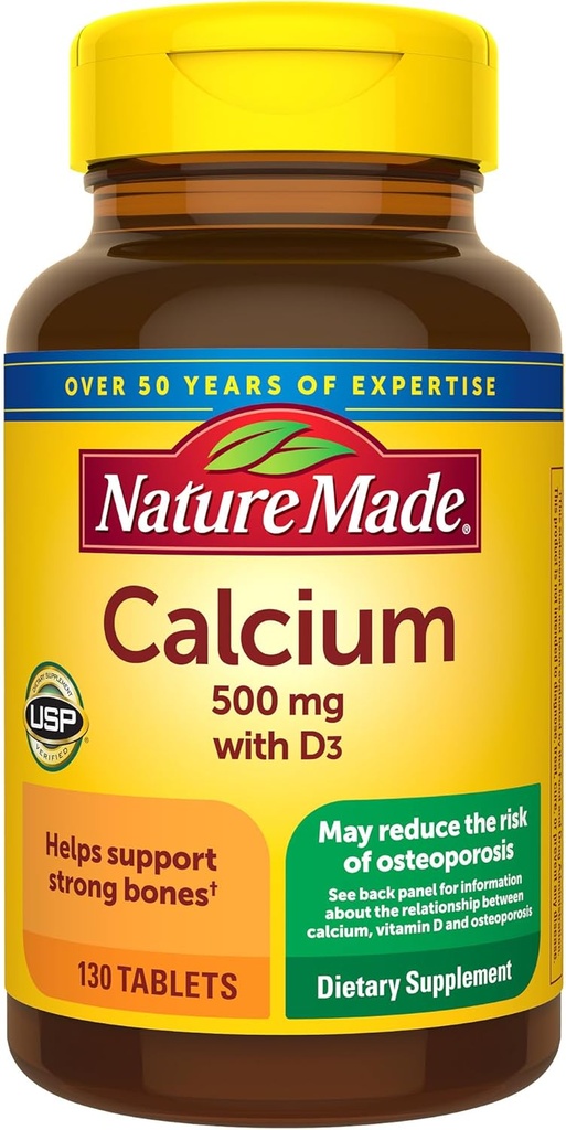 Nature Made Calcium 500 mg z vitaminom D3, prehranska dopolnila za podporo kosti, 130 tablet