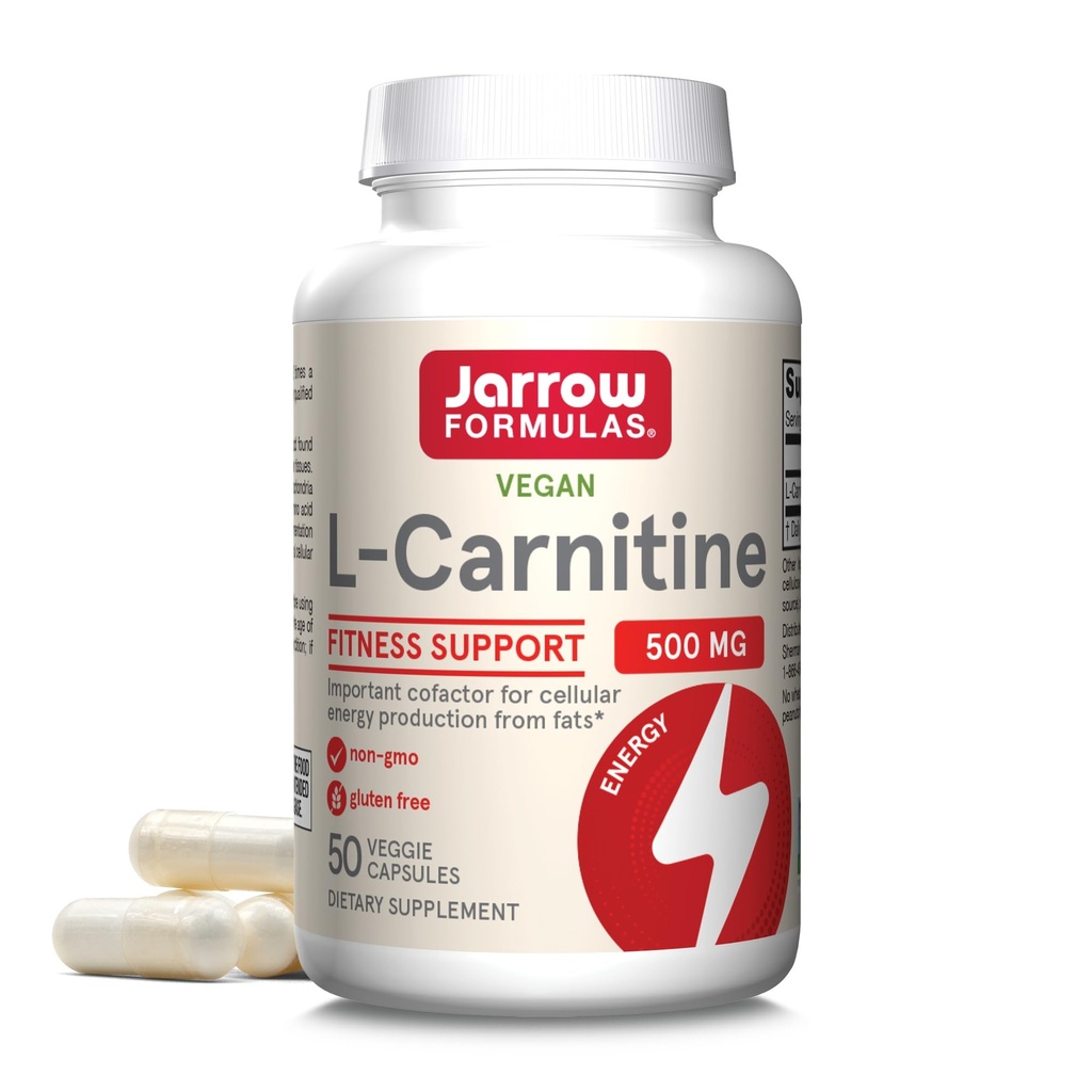 Jarrow Formulas® L-Carnitine 500 mg, prehranska dopolnila, podpora za proizvodnjo celične energije, 50 Veggie kapsule, 50 dnevna dobava