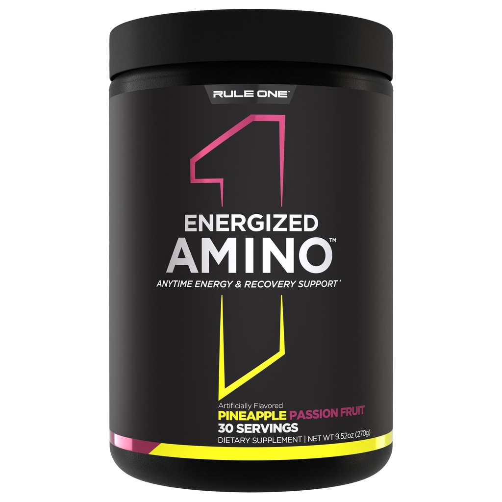 Pravilo 1 Proteini Energized Amino – Kadarkoli Energija in regeneracija Podpora z BCAA, Glutamin, Citrulin, Beta Alanin, kofein iz izvlečkov zelene kave in listov čaja (30 Serviranje, Ananasov pasijon)