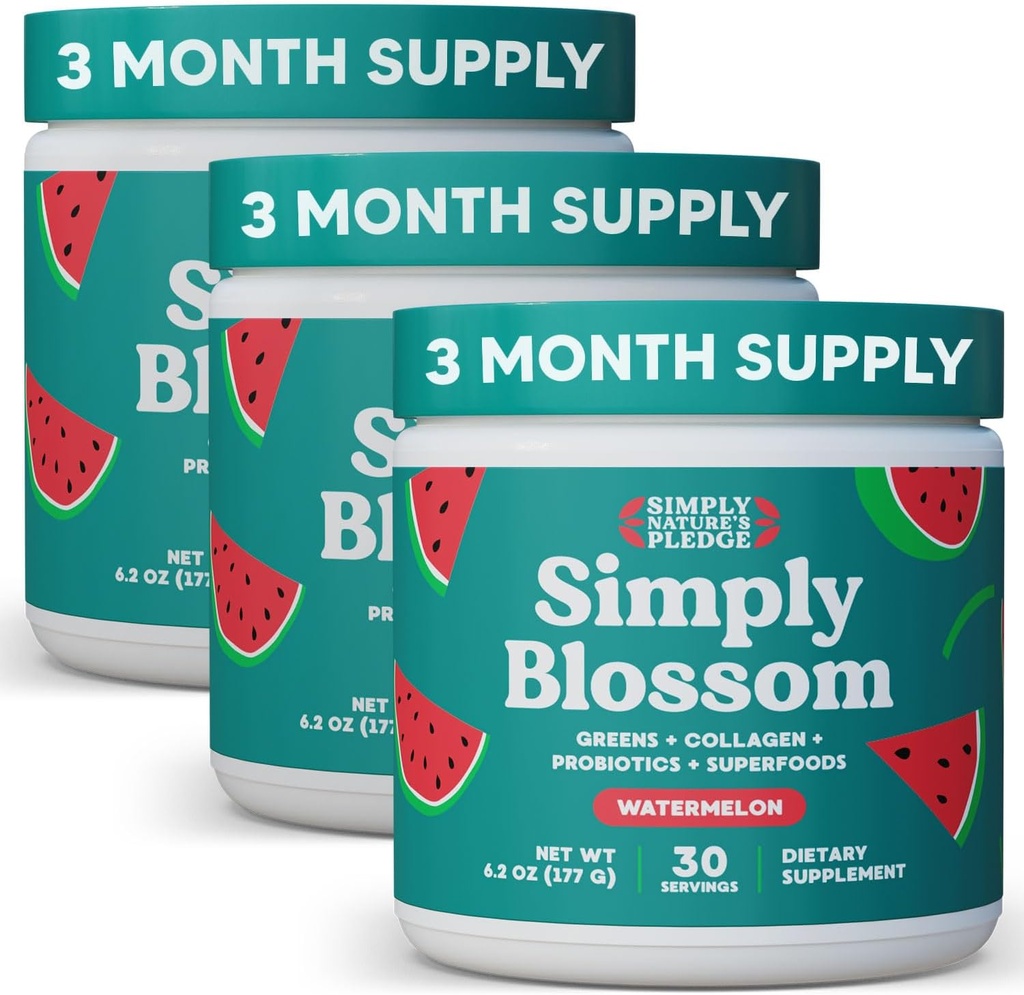 Preprosto Blossom Nutrition Daily Greens & Superfood Powder + kolagen + probiotiki za žensko prebavno zdravje in napihnjenost. Pomoč vaše zdravje Bloom - 3 Mesec dobave - lubenica