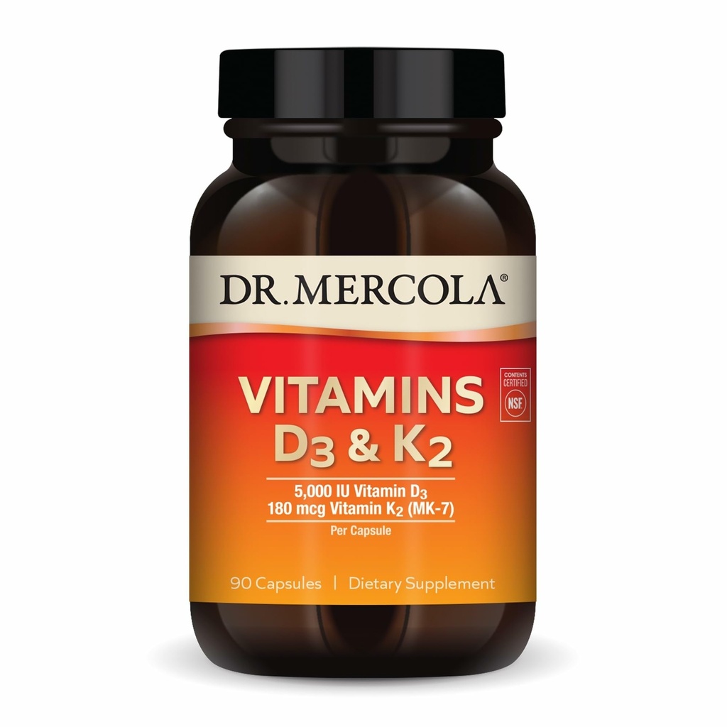 Dr. Mercola Vitamini D3 & K2 Prehranska dopolnila, 90 Serving (90 kapsul), Podpira zdravje srca, Imunska podpora, Non GSO, Soy Free, Gluten Free