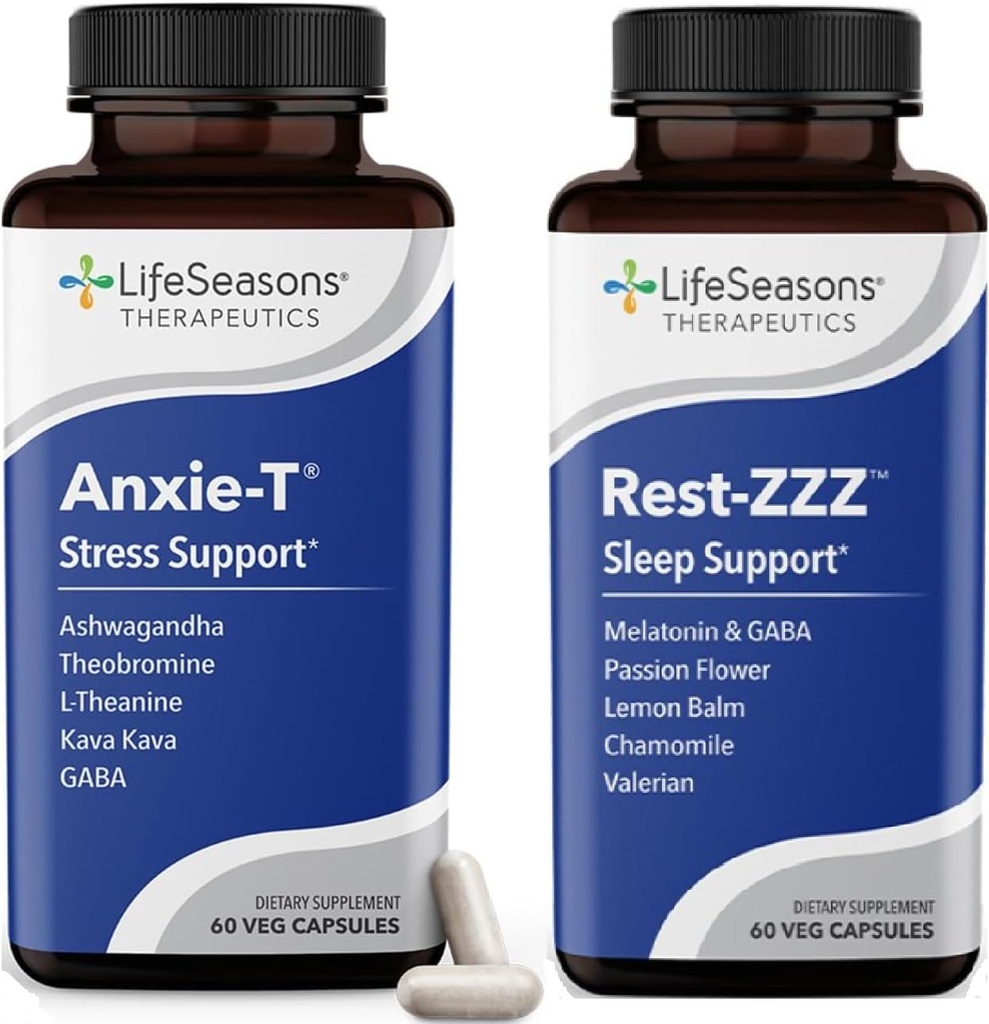 LifeSeasons Anxie-T z Rest-ZZZ - podpira Mood & Poln nočni spanec - Seveda lahko mišično napetost in nemir - 120 kapsul
