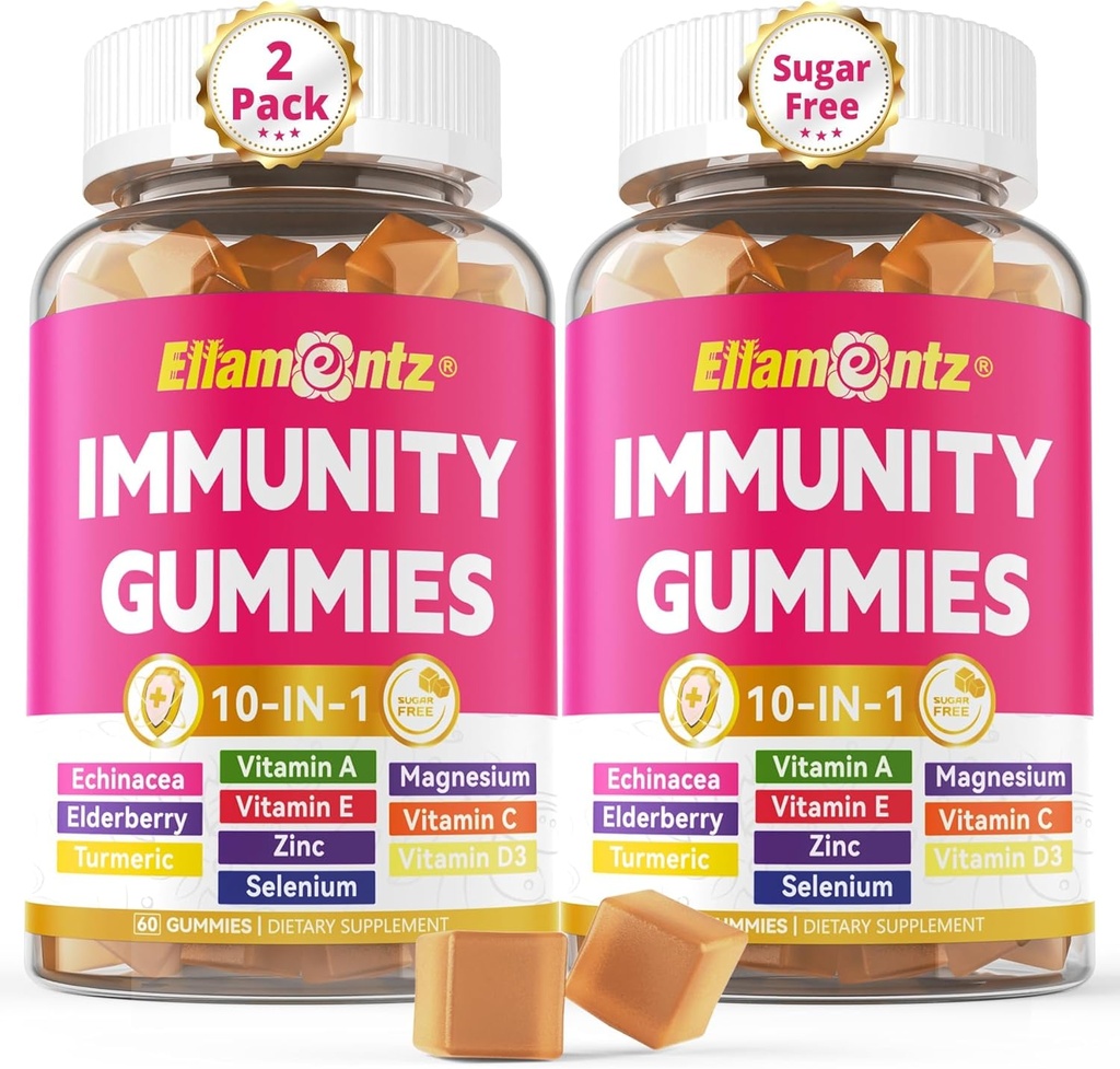 10-v-1 Imunski gumiji z multivitamini, 100% dnevno cink, vitamin C & D3 Imuniteta dodatek + Echinacea, Sambucus Bezgovina, Kurkuma, Magnezij, Imunska podpora, Splošno zdravje, Sladkor brez, 2 pakiranji