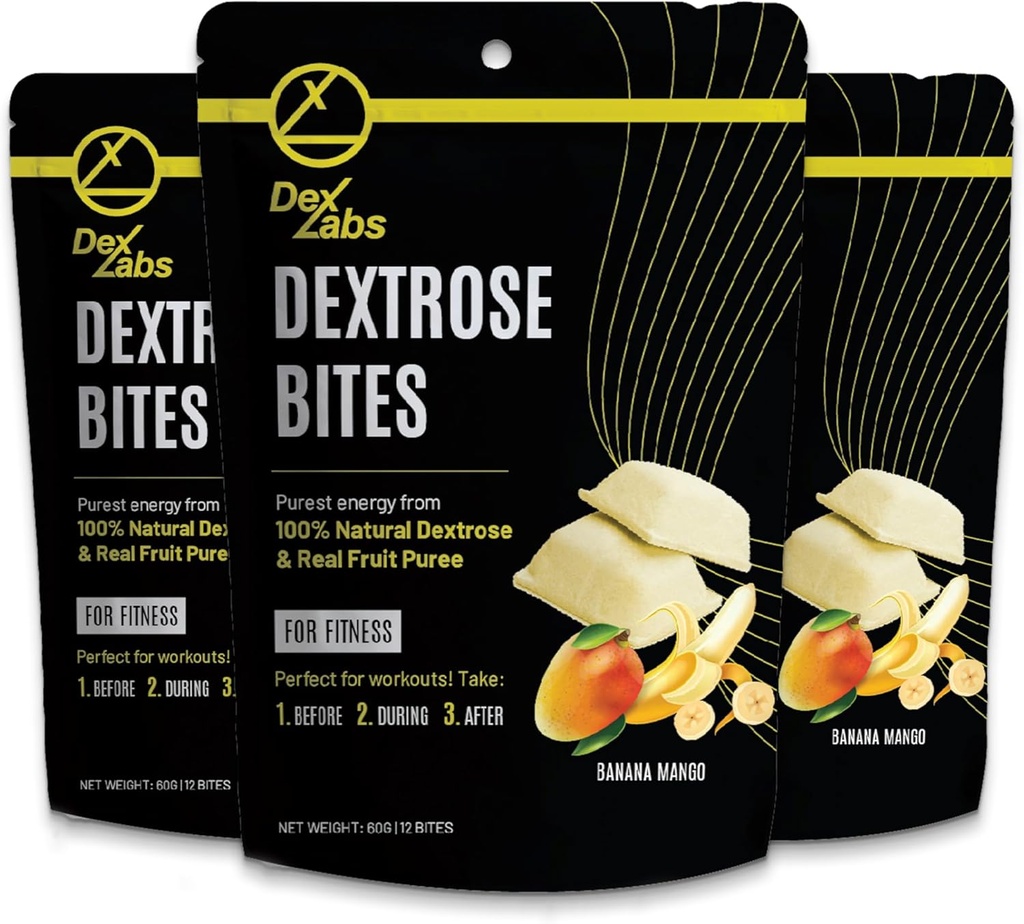 Bites dekstroze - taline dekstroze narejene z dekstrozo v prahu - dekstroza za vadbene in tekoče energetske prigrizke - tablete glukoze Prenosne energijske taline (Banana Mango) (Pack of 03)