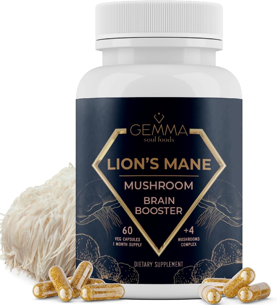 Gemma Soul Foods Organic Lion's Mane Gobe Complex - Non-GMO Lions Mane dodatek non Tropic Chaga Shiitake in Reishi Focus dodatek 60 Caps