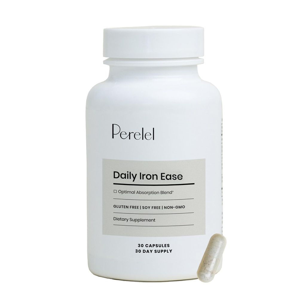 Perelel Daily Iron Ease, 15MG železa dodatki z magnezijem, vitamin C, & vitamin B12 za Nutrient & Energy Support, Kapsule za ženske in moške, Soja, Dairy & Gluten brezplačno, Non GSO, 30 tablete