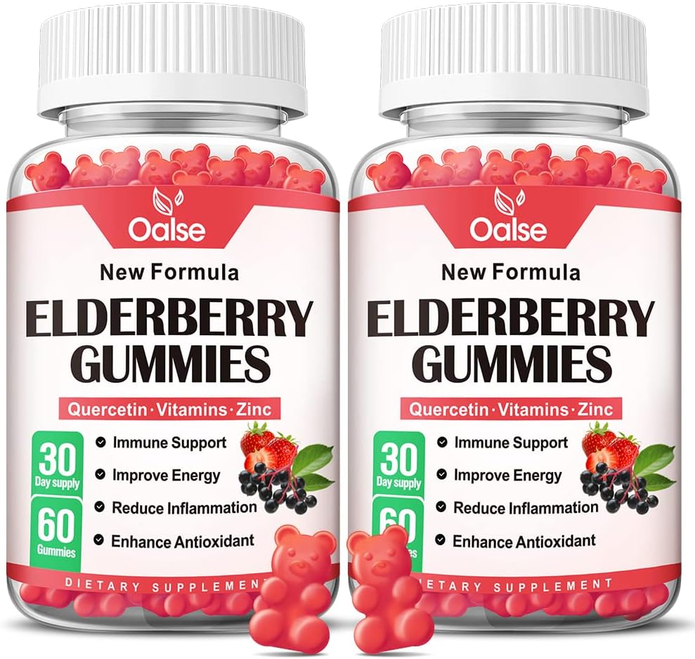 Ekološka jagoda Gumiji za otroke in odrasle - Sambucus Črna jagoda Gumiji + cink in vitamin C & D3 Podpora Imunska obramba Mišična moč Zobno zdravje [60 Število (Pack of 2)]