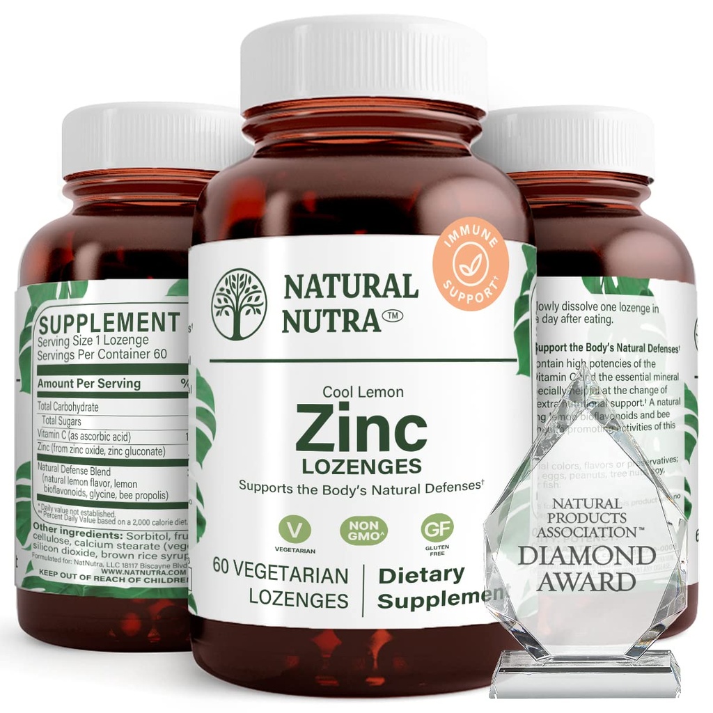 Naravni Nutra cink Lozenges z vitaminom C, limonina aroma, podpora Imunsko, živčni sistem in kost moč, utrjen z bioflavonoidi in čebelje propolis, podjezično cinkov glukonat, 60 vegetarijanec